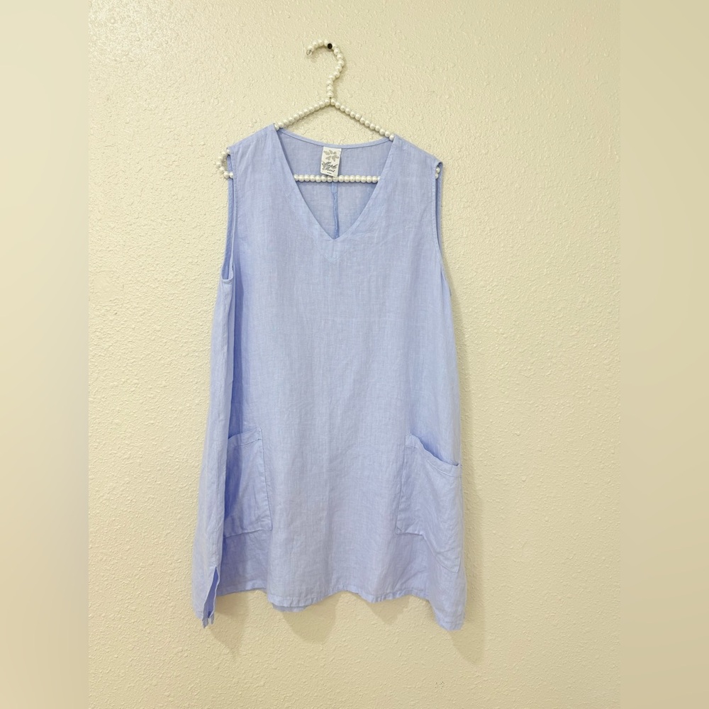 Match Point Linen Sleeveless Tunic Top Blue L Relaxed Lagenlook Pockets USA